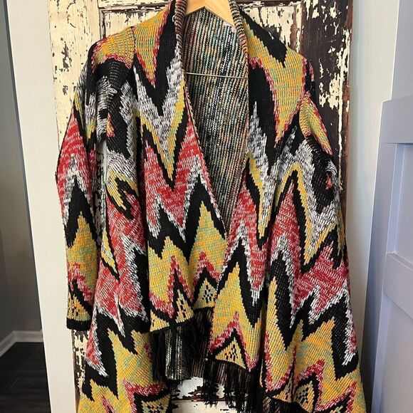 Woven Heart open cardigan fringe shawl knot sweater. Women’s size L. Southwest. - Picture 1 of 7